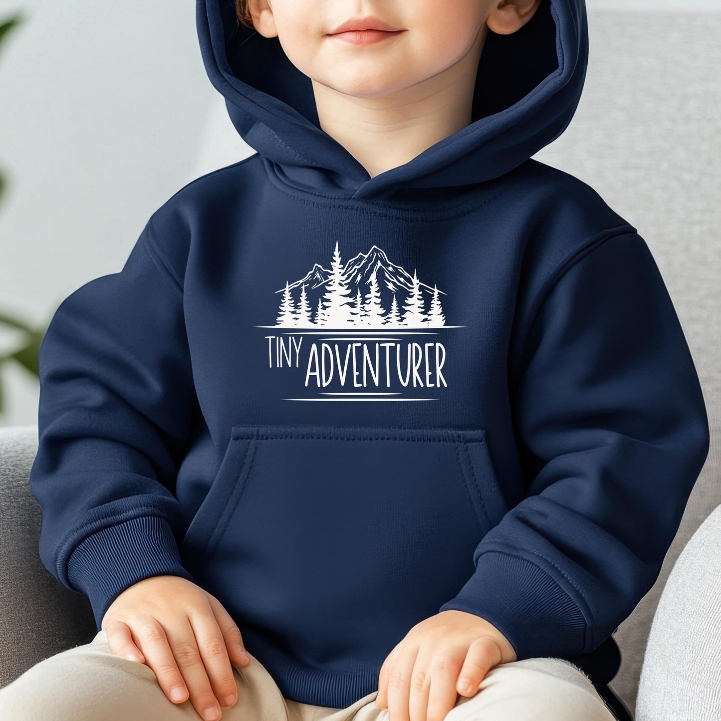 Tiny Adventurer Toddler Hoodie, Kids Outdoor Sweatshirt, Mountain Lake Pine Trees, Nature Lover Gift, Outdoor Clothing for Children
