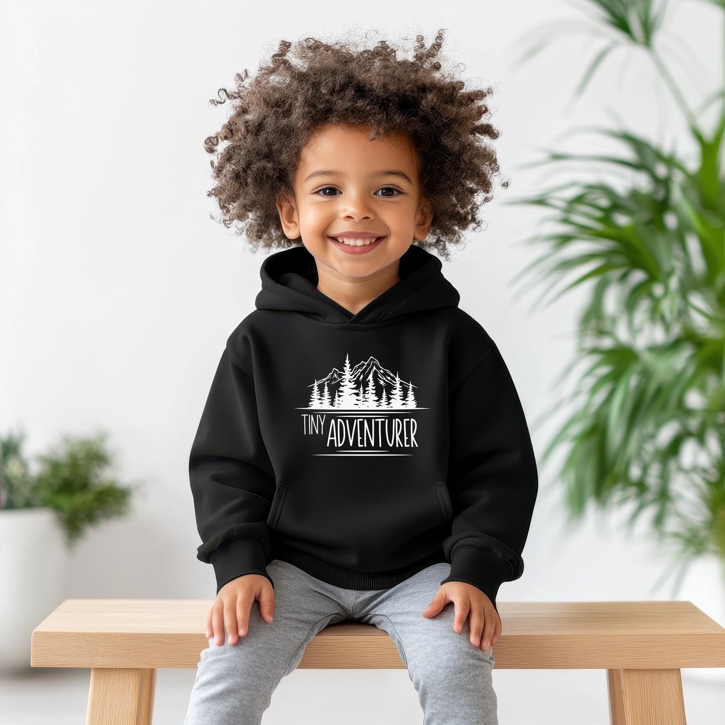 Tiny Adventurer Toddler Hoodie, Kids Outdoor Sweatshirt, Mountain Lake Pine Trees, Nature Lover Gift, Outdoor Clothing for Children