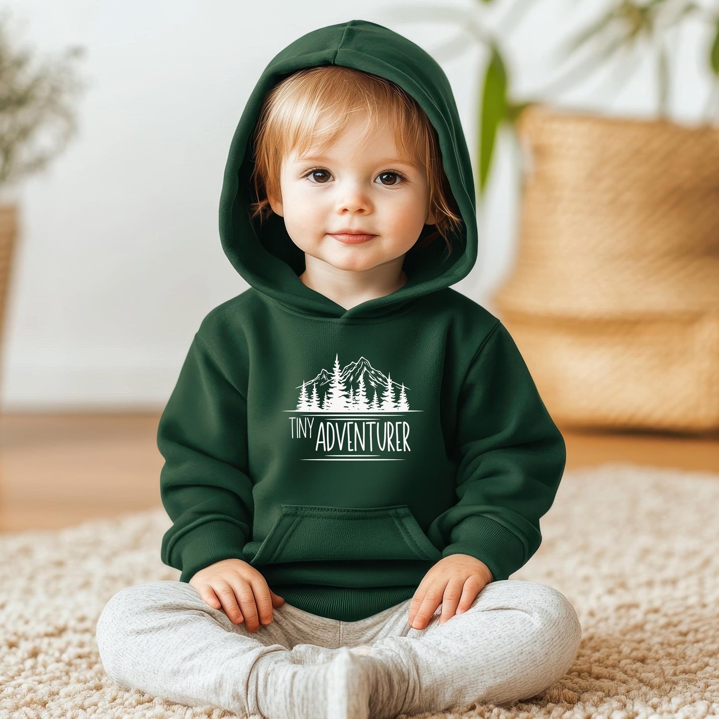 Tiny Adventurer Toddler Hoodie, Kids Outdoor Sweatshirt, Mountain Lake Pine Trees, Nature Lover Gift, Outdoor Clothing for Children