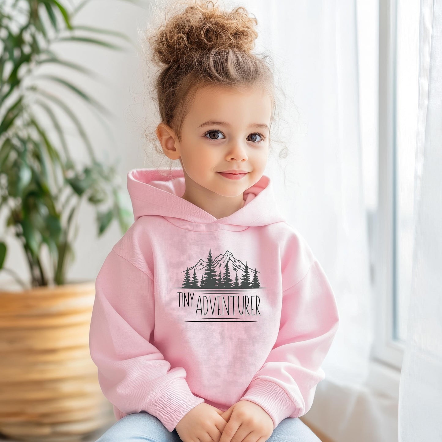 Tiny Adventurer Toddler Hoodie, Kids Outdoor Sweatshirt, Mountain Lake Pine Trees, Nature Lover Gift, Outdoor Clothing for Children