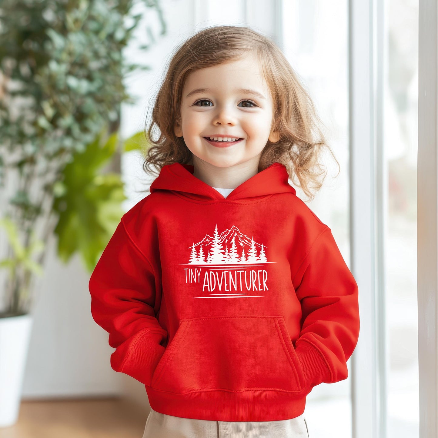 Tiny Adventurer Toddler Hoodie, Kids Outdoor Sweatshirt, Mountain Lake Pine Trees, Nature Lover Gift, Outdoor Clothing for Children