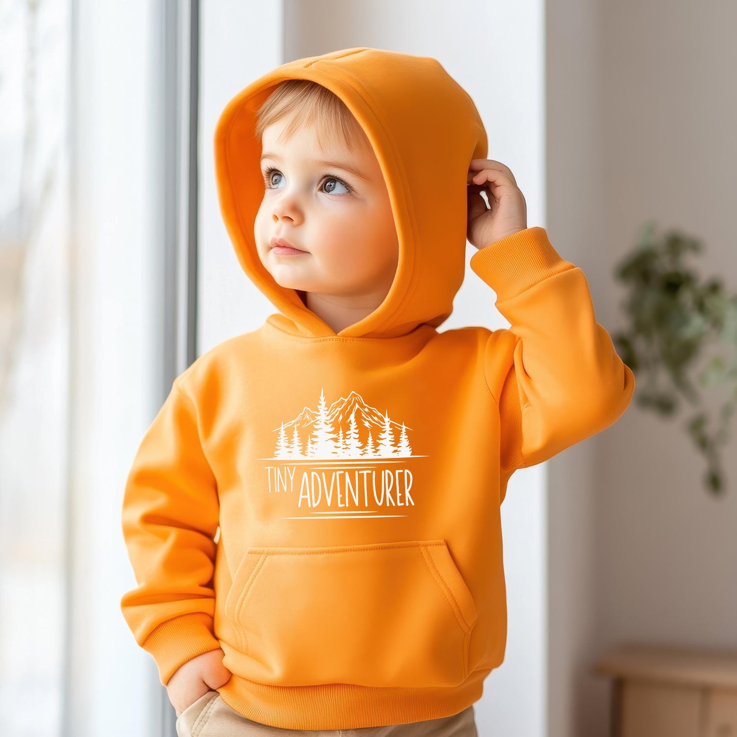 Tiny Adventurer Toddler Hoodie, Kids Outdoor Sweatshirt, Mountain Lake Pine Trees, Nature Lover Gift, Outdoor Clothing for Children